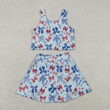 Bow Pattern Athletic Shorts Skirts Sets Girls 4th of july Outfits