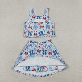 Bow Pattern Athletic Shorts Skirts Sets Girls 4th of july Outfits