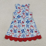 Red Bows Scalloped Sky Blue Athletic Shorts Girls 4th of july Dress
