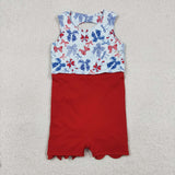 Red Bows Scalloped Sky Blue Athletic Shorts Girls 4th of july Dress