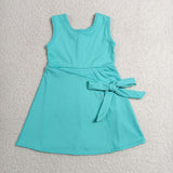 Solid Bluish Bow Athletic Shorts Girls Sleeveless Dress