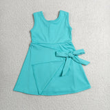 Solid Bluish Bow Athletic Shorts Girls Sleeveless Dress