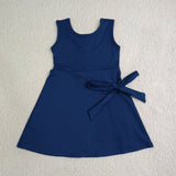 Solid Navy Bow Athletic Shorts Girls Sleeveless Dress