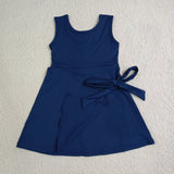 Solid Navy Bow Athletic Shorts Girls Sleeveless Dress