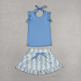 Solid Sky Blue Ruffles Floral Stripe Athletic Shorts Girls Skirt Sets