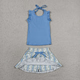 Solid Sky Blue Ruffles Floral Stripe Athletic Shorts Girls Skirt Sets