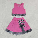 Black Plaid Bows Scalloped Hot Pink Athletic Shorts Girls Skirt Sets