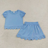 Solid Sky Blue Scalloped Shorts Girls Skirt Sets