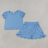 Solid Sky Blue Scalloped Shorts Girls Skirt Sets
