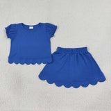 Solid Blue Scalloped Shorts Girls Skirt Sets