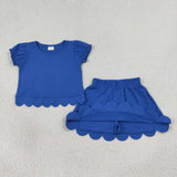 Solid Blue Scalloped Shorts Girls Skirt Sets