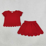Solid Red Scalloped Shorts Girls Skirt Sets