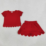 Solid Red Scalloped Shorts Girls Skirt Sets