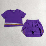 Colorful Stripe Solid Purple Cotton Shorts Girls Skirts Sets