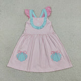 Shell Embroidery Pink Stripe Girls Sleeveless Dress