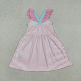 Shell Embroidery Pink Stripe Girls Sleeveless Dress