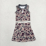 Green Brown Camo Vest Pleated Athletic Shorts Girls Skirt Sets