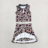 Green Brown Camo Vest Pleated Athletic Shorts Girls Skirt Sets