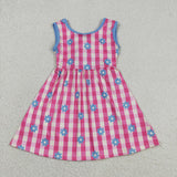 Blue Floral Hot Pink Plaid Girls Sleeveless Dress