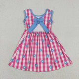 Blue Floral Hot Pink Plaid Girls Sleeveless Dress