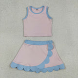 Solid Sky Blue Scalloped Pink Athletic Shorts Girls Skirt Sets