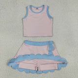 Solid Sky Blue Scalloped Pink Athletic Shorts Girls Skirt Sets