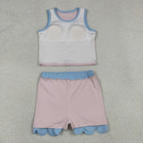 Solid Sky Blue Scalloped Pink Athletic Shorts Girls Skirt Sets
