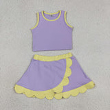 Solid Yellow Scalloped Purple Athletic Shorts Girls Skirt Sets