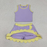 Solid Yellow Scalloped Purple Athletic Shorts Girls Skirt Sets