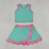Solid Hot Pink Scalloped Green Athletic Shorts Girls Skirt Sets