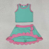 Solid Hot Pink Scalloped Green Athletic Shorts Girls Skirt Sets