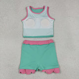 Solid Hot Pink Scalloped Green Athletic Shorts Girls Skirt Sets