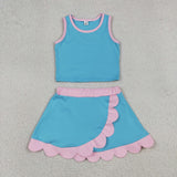 Solid Pink Scalloped Light Blue Athletic Shorts Girls Skirt Sets