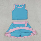 Solid Pink Scalloped Light Blue Athletic Shorts Girls Skirt Sets