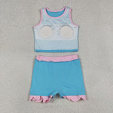 Solid Pink Scalloped Light Blue Athletic Shorts Girls Skirt Sets