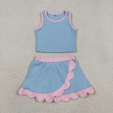 Solid Pink Scalloped Sky Blue Athletic Shorts Girls Skirt Sets