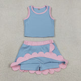 Solid Pink Scalloped Sky Blue Athletic Shorts Girls Skirt Sets