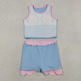 Solid Pink Scalloped Sky Blue Athletic Shorts Girls Skirt Sets