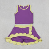 Solid Yellow Scalloped Purple Athletic Shorts Girls Skirt Sets