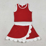 Solid White Scalloped Red Athletic Shorts Girls Skirt Sets