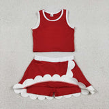 Solid White Scalloped Red Athletic Shorts Girls Skirt Sets