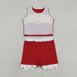 Solid White Scalloped Red Athletic Shorts Girls Skirt Sets