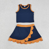 Solid Orange Scalloped Navy Athletic Shorts Girls Skirt Sets