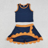 Solid Orange Scalloped Navy Athletic Shorts Girls Skirt Sets
