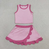 Solid Hot Pink Scalloped Athletic Shorts Girls Skirt Sets