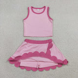 Solid Hot Pink Scalloped Athletic Shorts Girls Skirt Sets