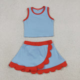 Solid Red Scalloped Sky Blue Athletic Shorts Girls Skirt Sets