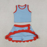 Solid Red Scalloped Sky Blue Athletic Shorts Girls Skirt Sets
