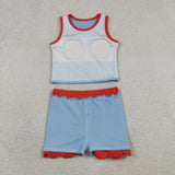 Solid Red Scalloped Sky Blue Athletic Shorts Girls Skirt Sets