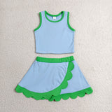 Solid Green Scalloped Sky Blue Athletic Shorts Girls Skirt Sets